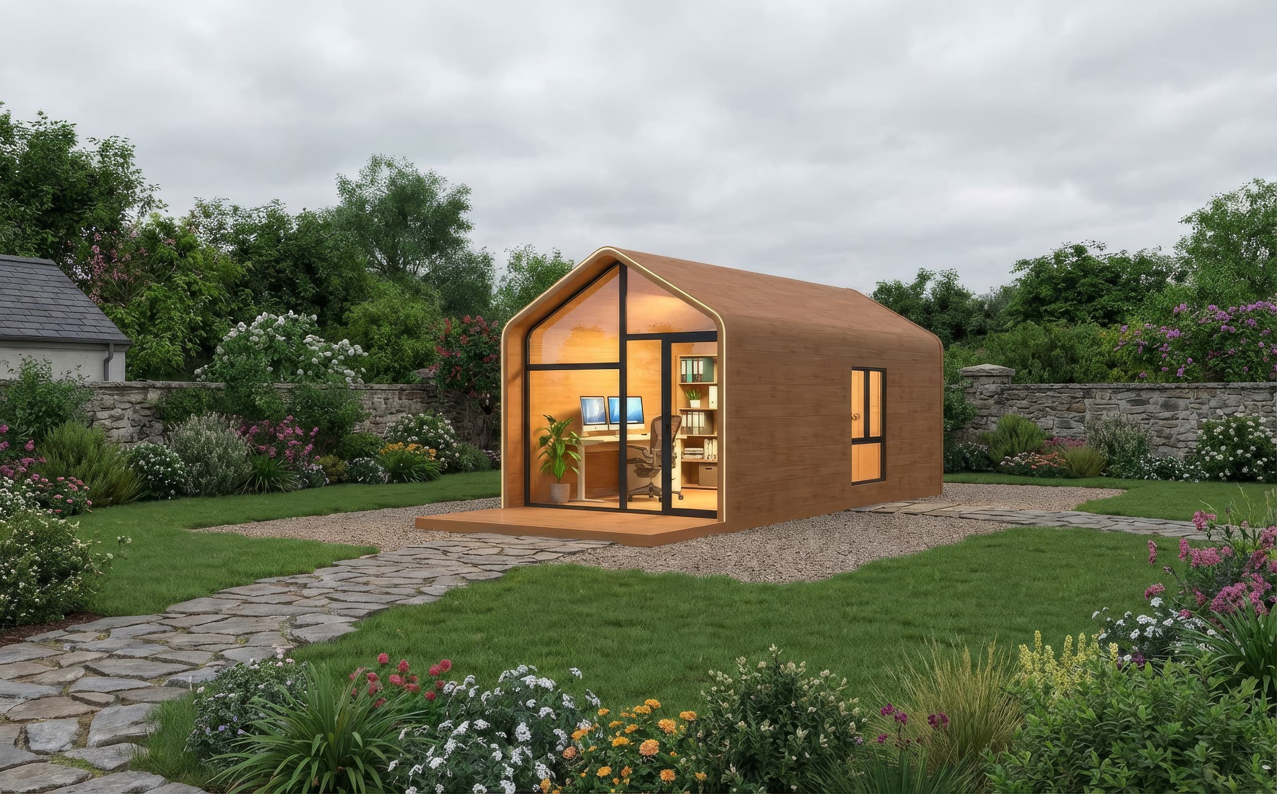 WeMakeSpace modular unit installed in a residential garden setting